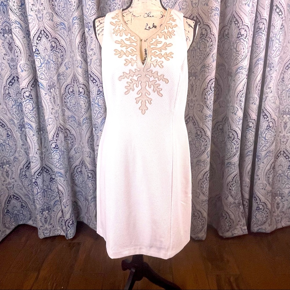 Pappagallo White Shift Dress. V-Neck With Gold Embroidery